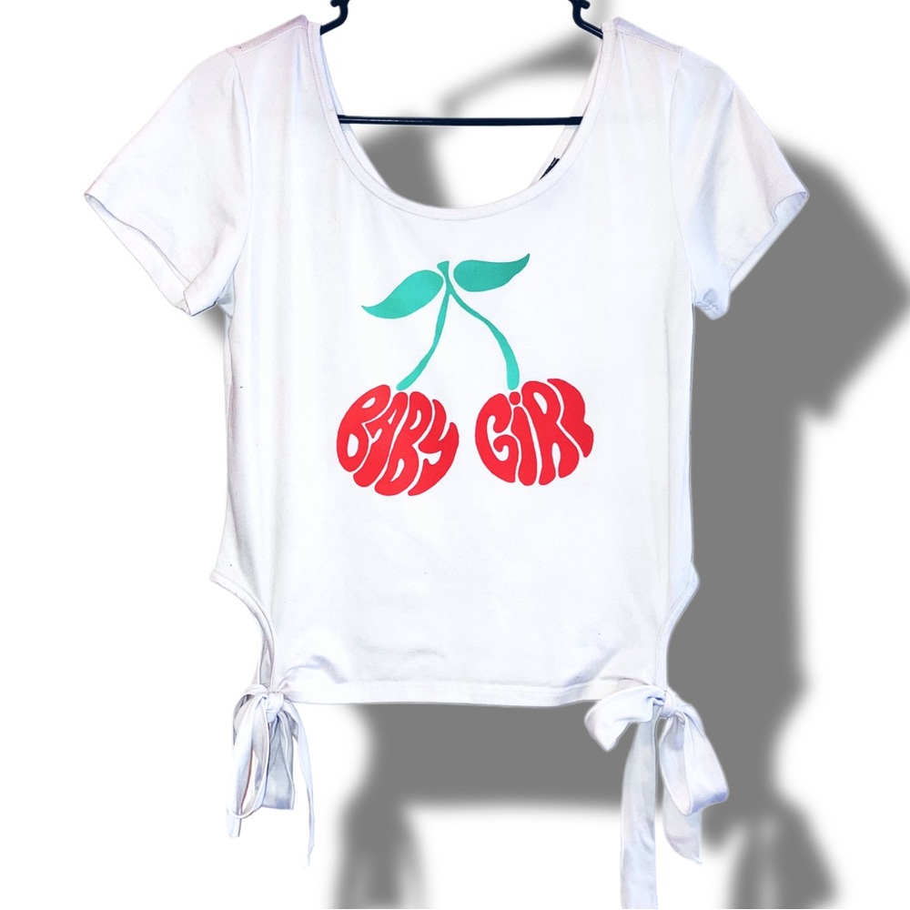 Women’s White Gemstone “baby girl” crop top with ties on both sides. Size XL.